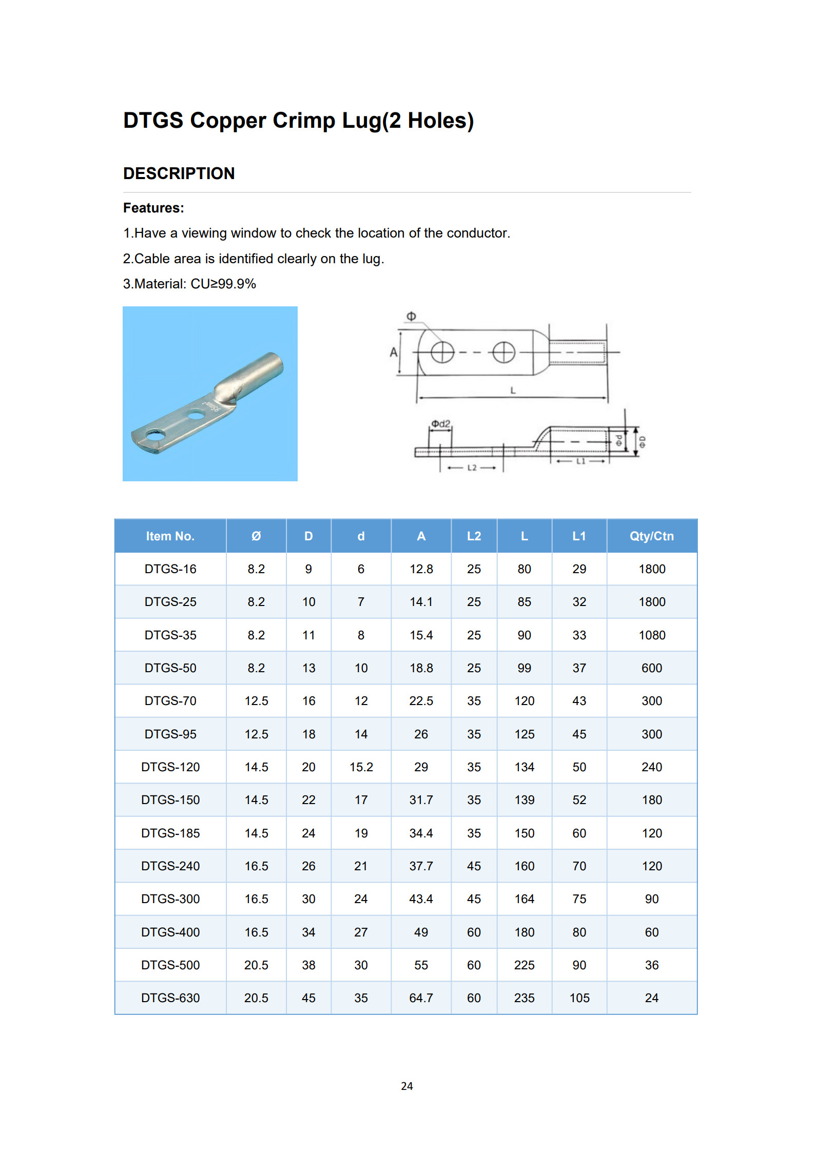 DTGS Double Holes Copper Cable Lugs detail 1